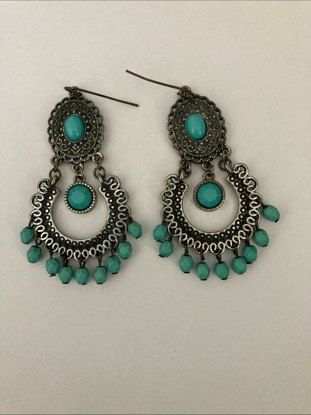 Turquoise Beaded Filigree Dangle Earrings - Unbranded
